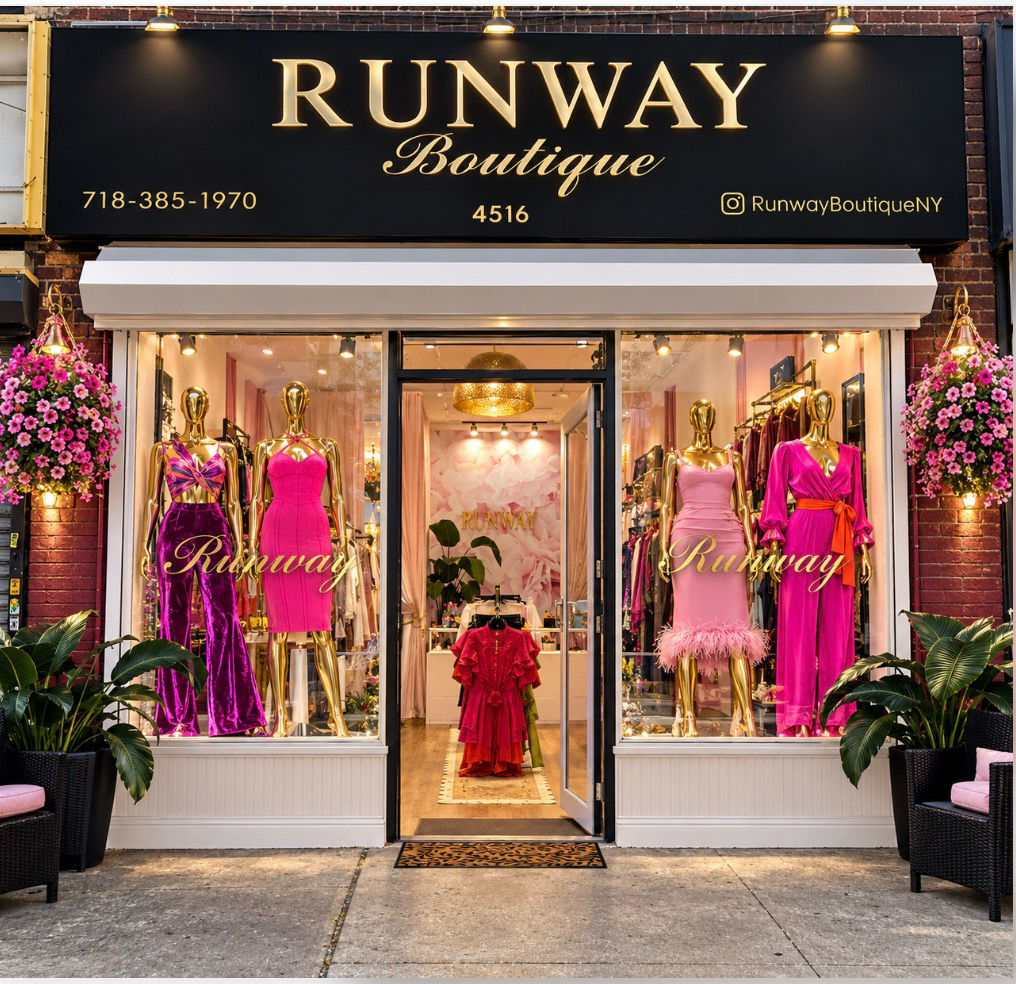 Runway Boutique storefront at 4516 Church Ave with gold RUNWAY signage
